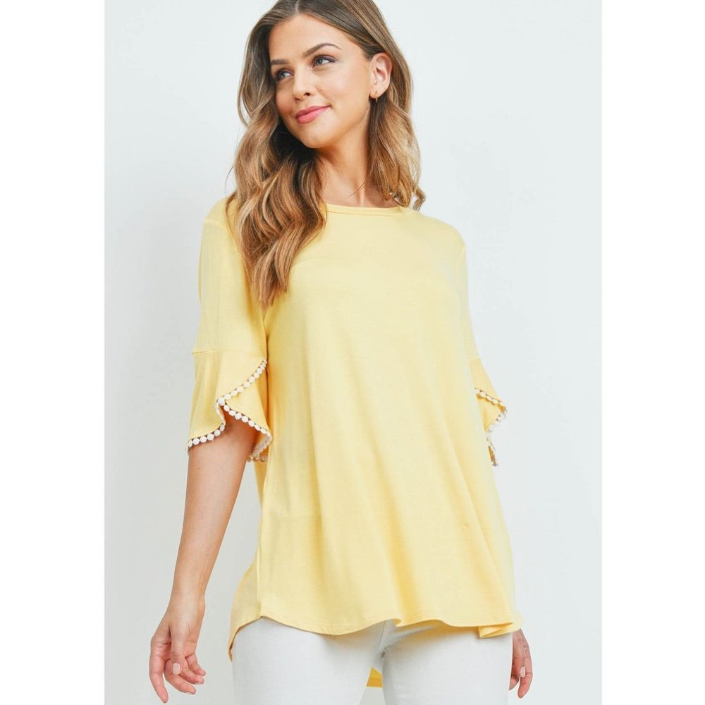 Yellow Top with Pompom Detailed Bell Sleeves